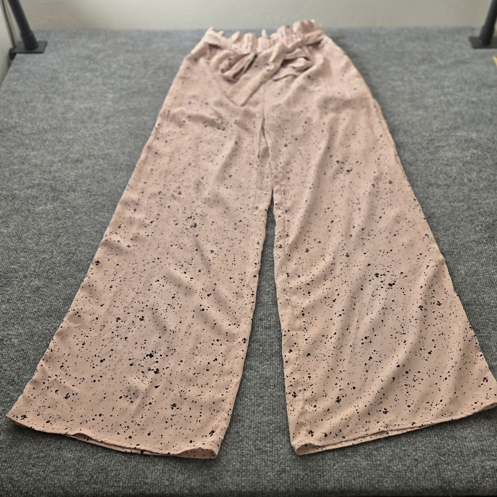 ENTRO Soft Pink Black Splatter Print Wide Leg Paper Bag Belted Palazzo Pants - Picture 15 of 15